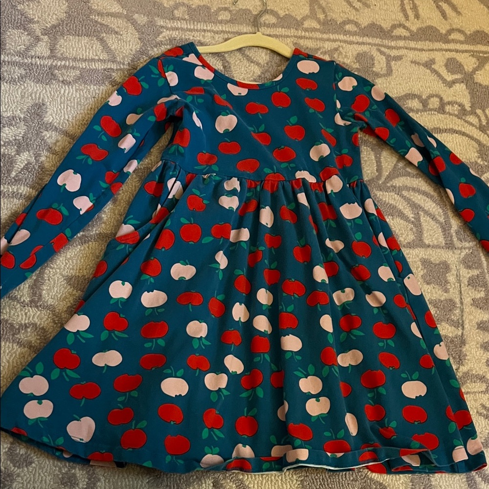 Hanna Andersson Teal Long-Sleeve Dress with Red & Light Pink Apple Print